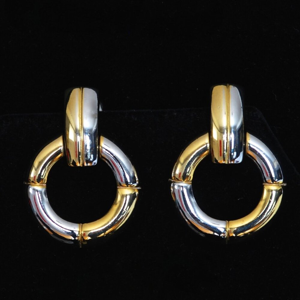 Oscar de la Renta Silver & Gold Tone Door Knocker Earrings - Signed